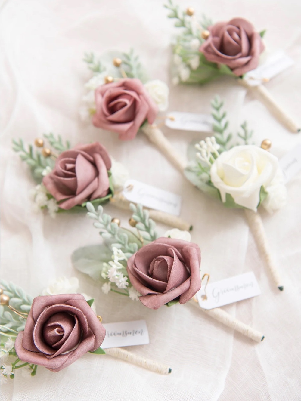 lings moment dusty rose Mauve and Ivory Rose Boutonniere Set